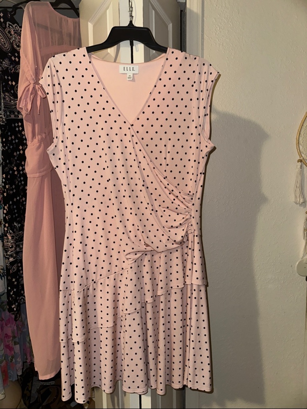 ELLE Light Pink Polka Dot Faux-Wrap Tiered Midi Dress
